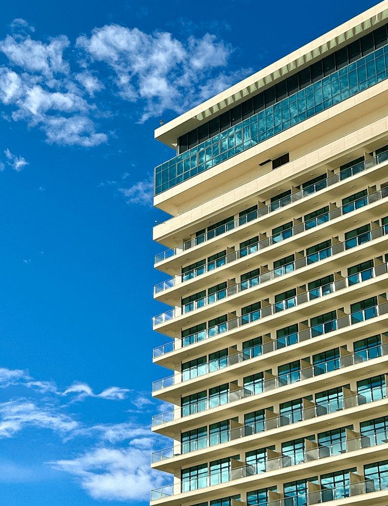 Modern building against a clear blue sky.