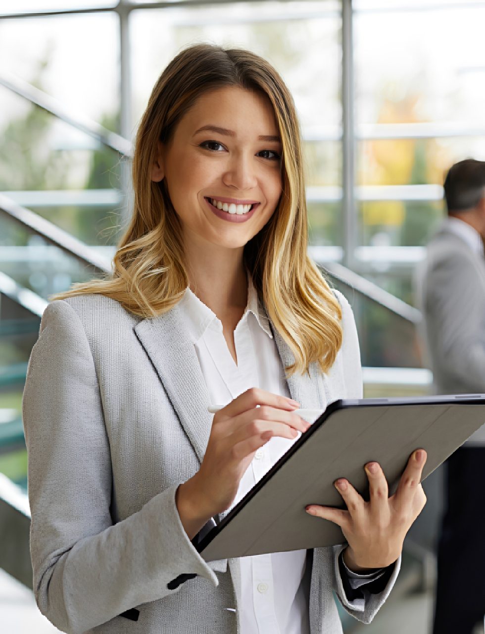 Smiling professional woman holding a tablet.