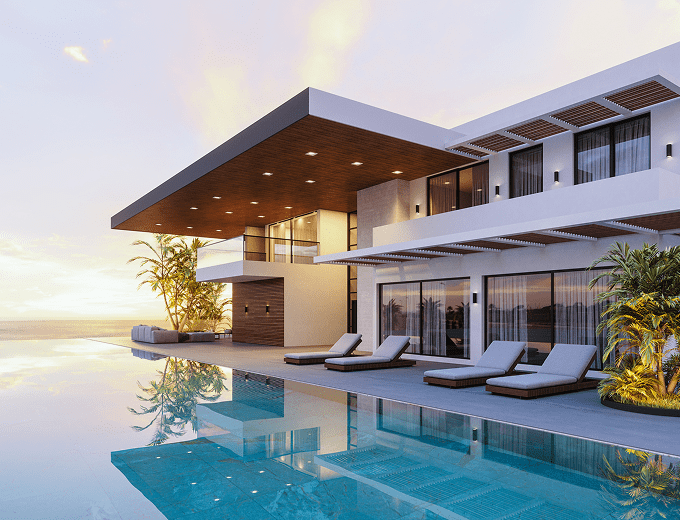 Modern villa with pool at sunset.