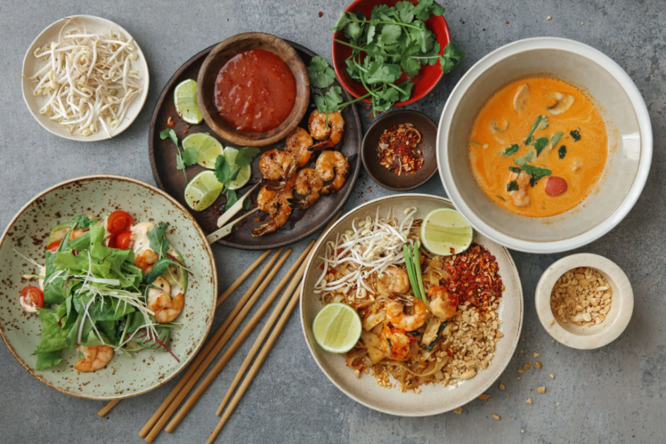 Overhead view of delicious Thai dishes